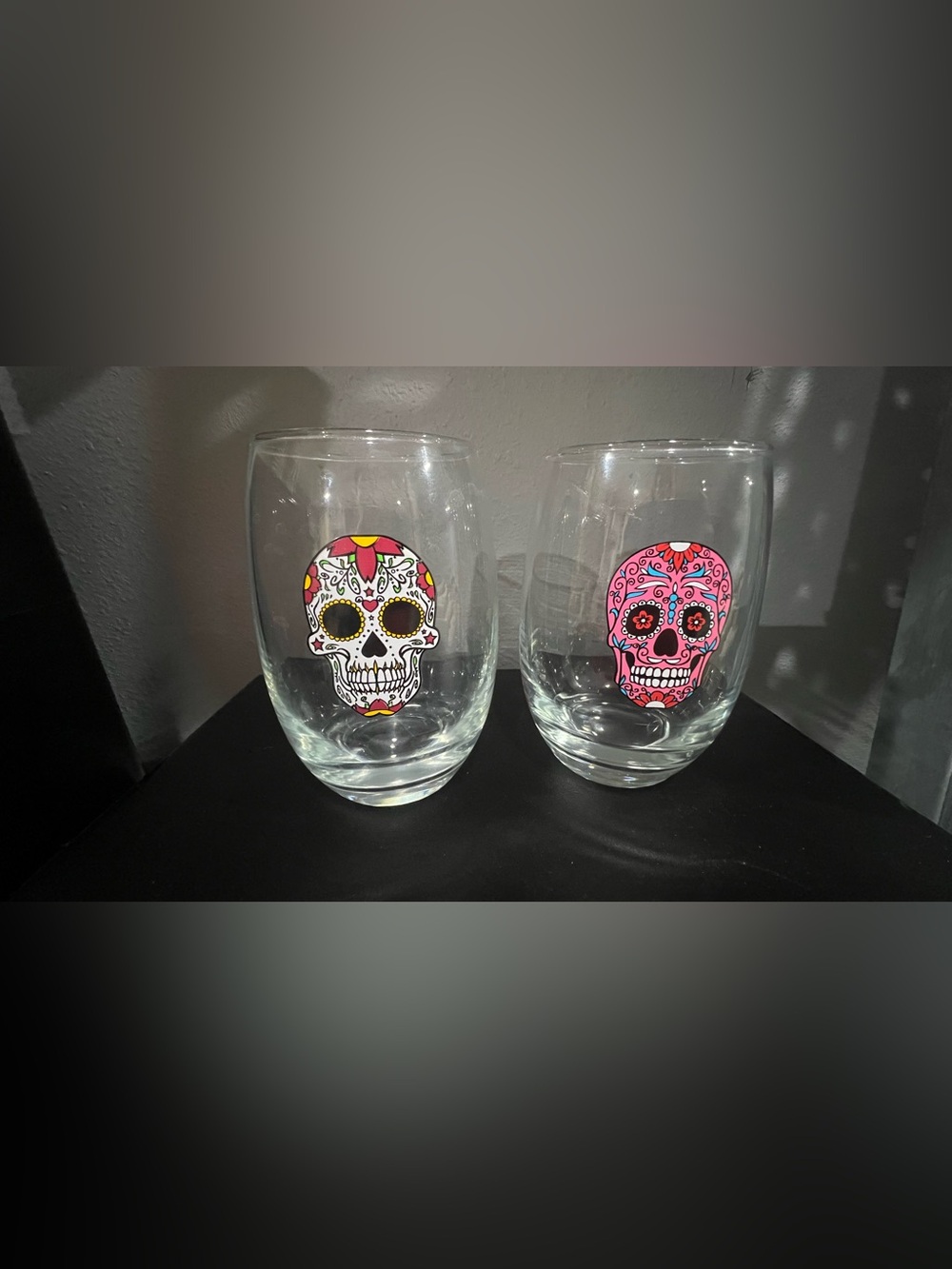 Two Decorative Sugar Skull Stemless Wine Glass - White & Pink